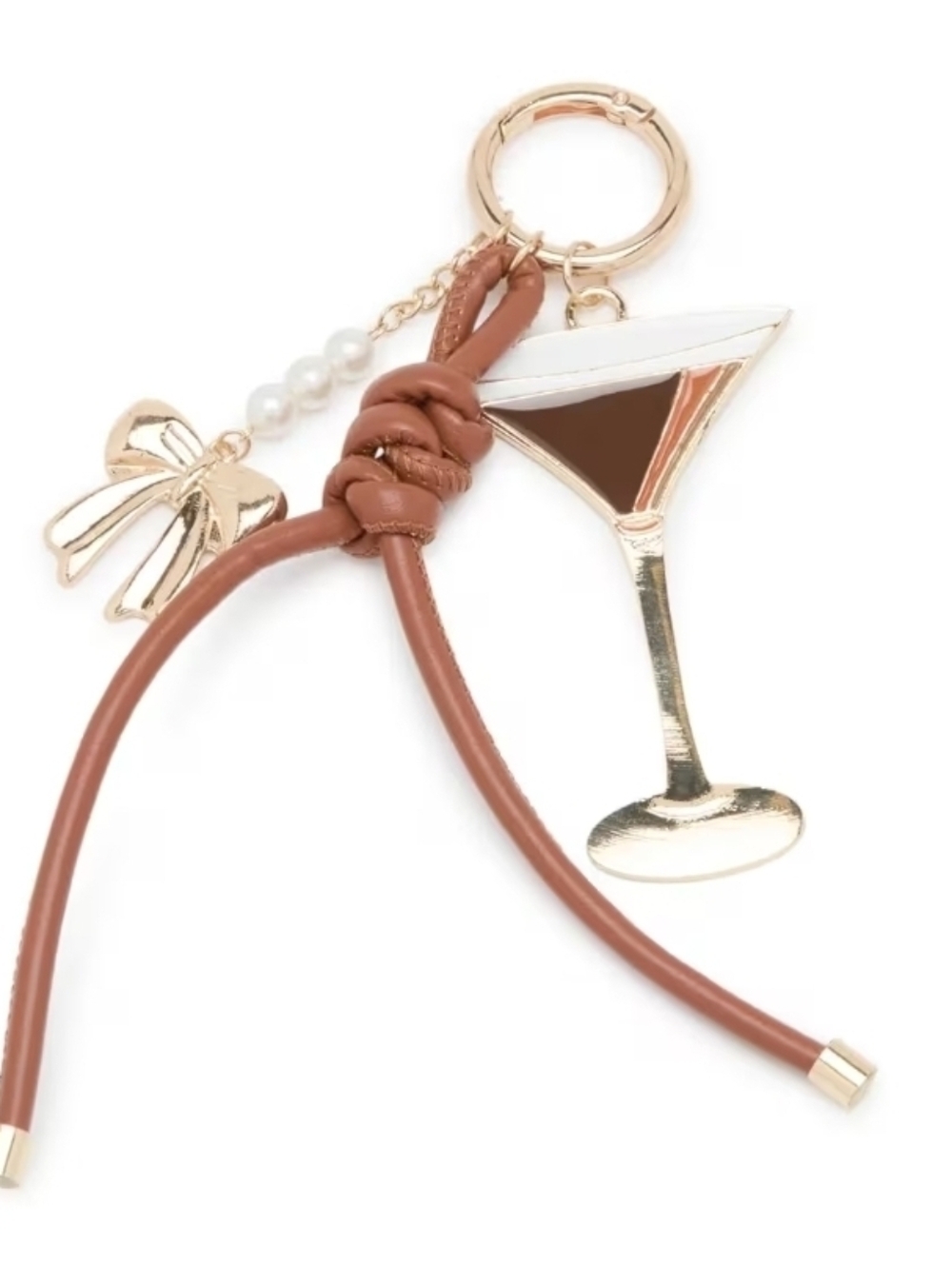 Gold Martini Glass Bag Charm Keychain with Brown Strap and Bow Accent